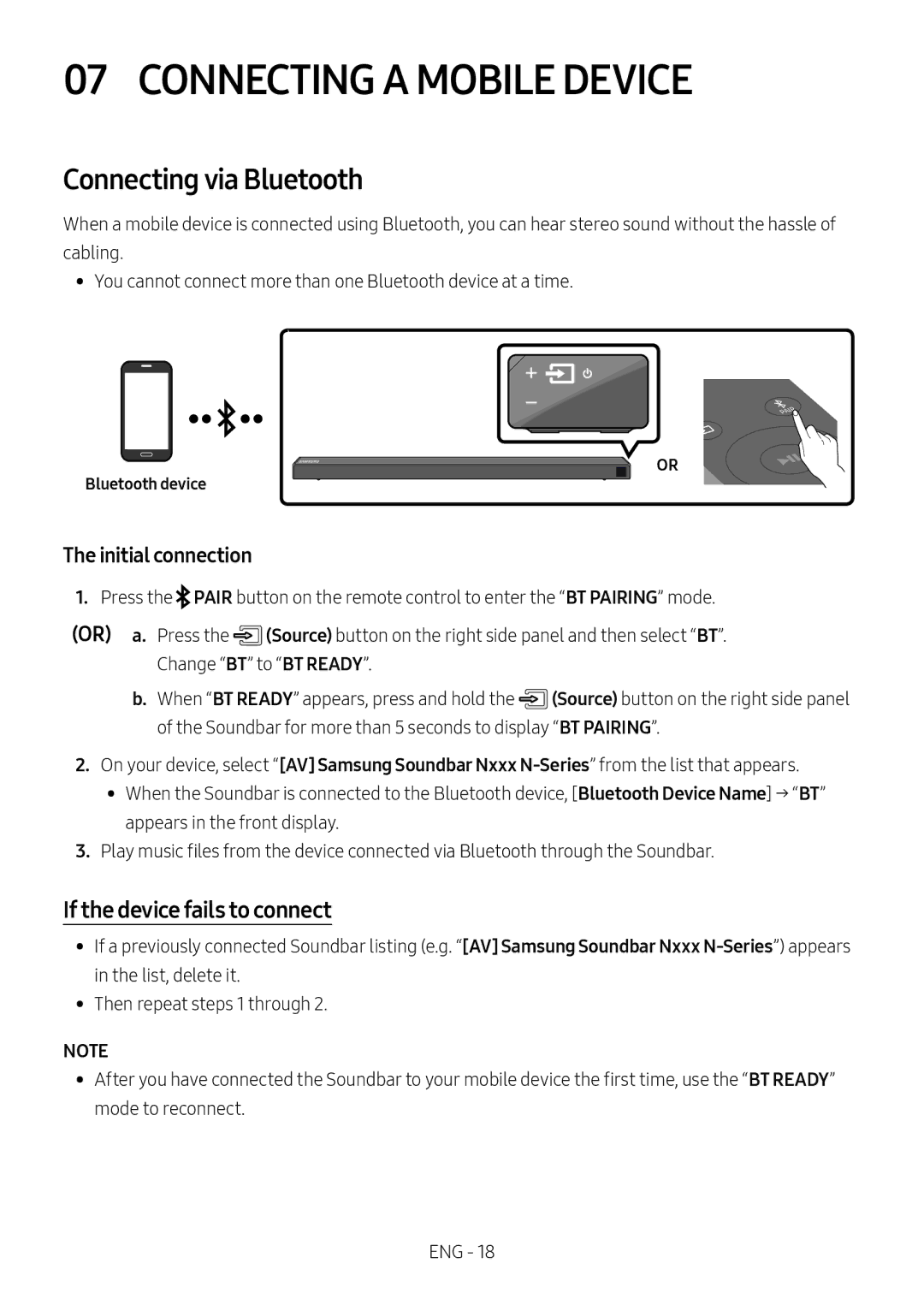 Samsung HW-N650/XV manual Connecting a Mobile Device, Connecting via Bluetooth, If the device fails to connect 