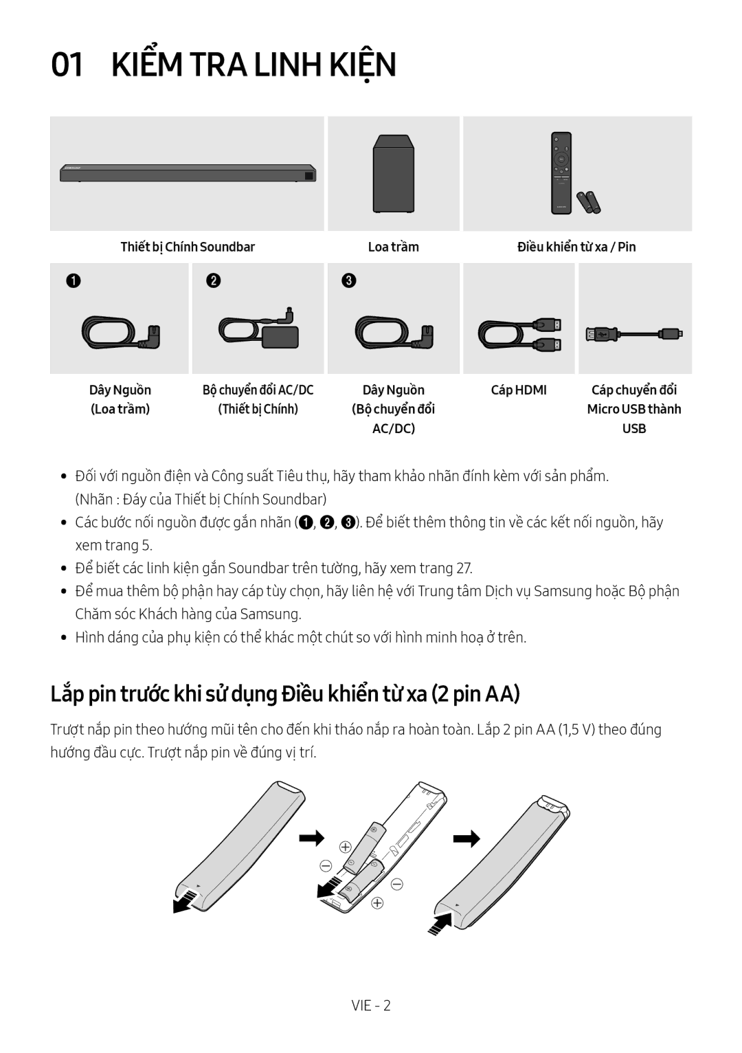 Samsung HW-N650/XV manual 01 Kiểm TRA Linh Kiện, Lắp pin trước khi sử dụng Điều khiển từ xa 2 pin AA, Loa trầm, Cáp Hdmi 