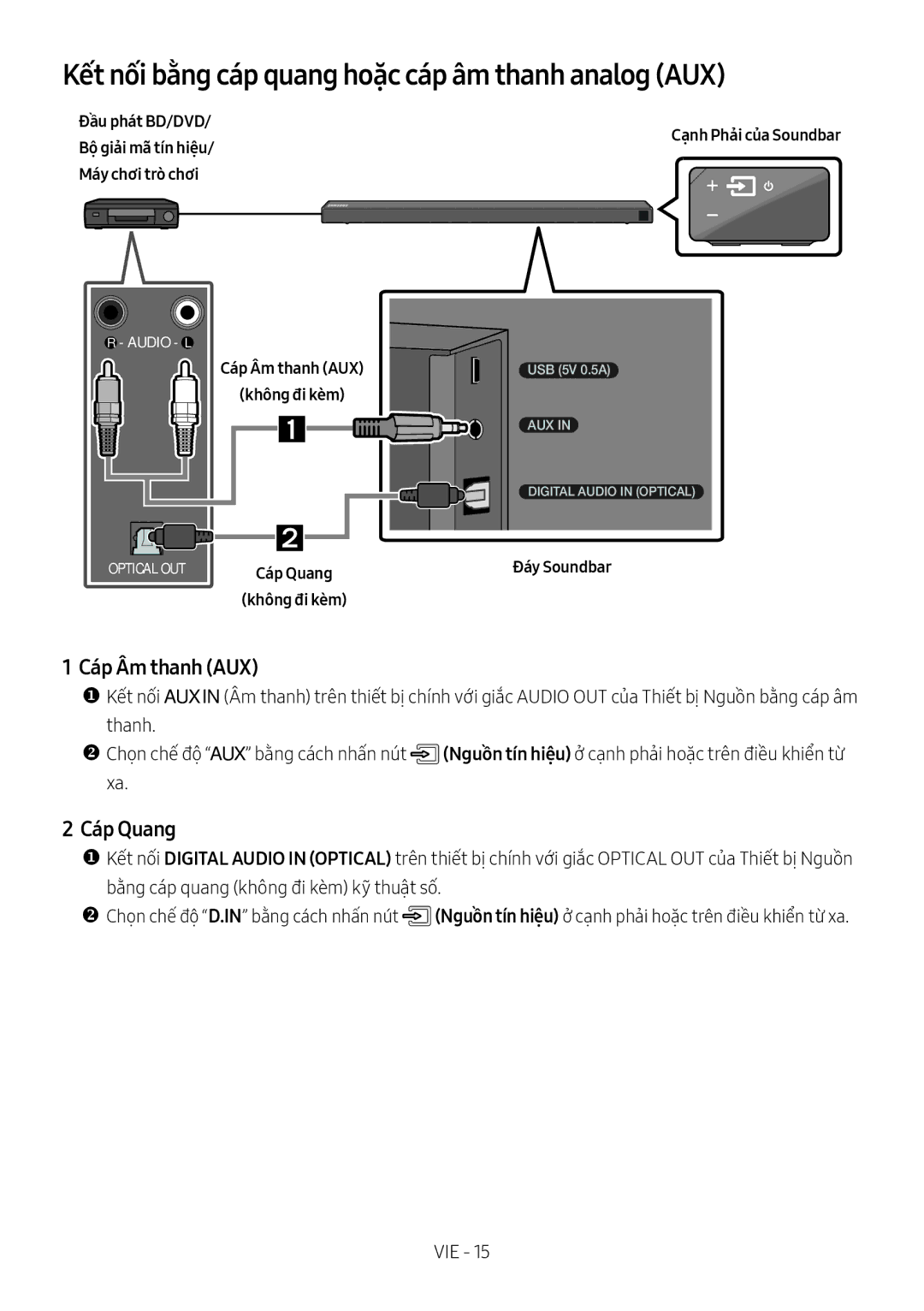 Samsung HW-N650/XV manual Kết nối bằng cáp quang hoặc cáp âm thanh analog AUX, Cáp Âm thanh AUX, Cáp Quang 