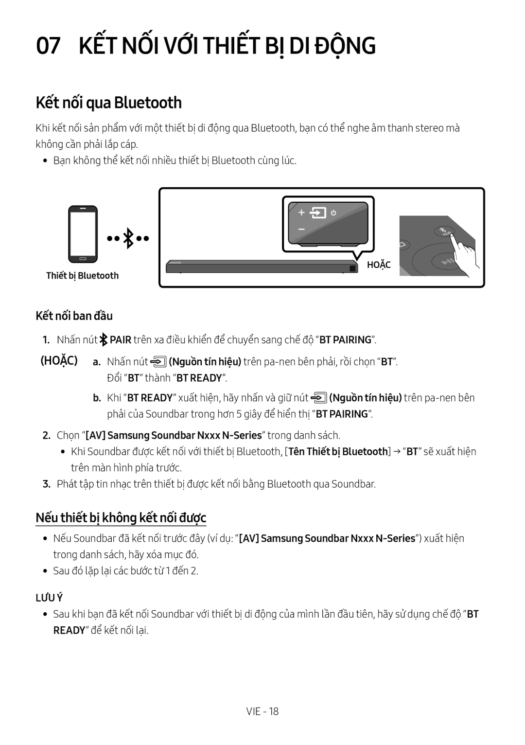 Samsung HW-N650/XV manual 07 KẾT NỐI VỚI Thiết BỊ DI ĐỘ̣NG, Kết nối qua Bluetooth, Nếu thiết bị không kết nối được 