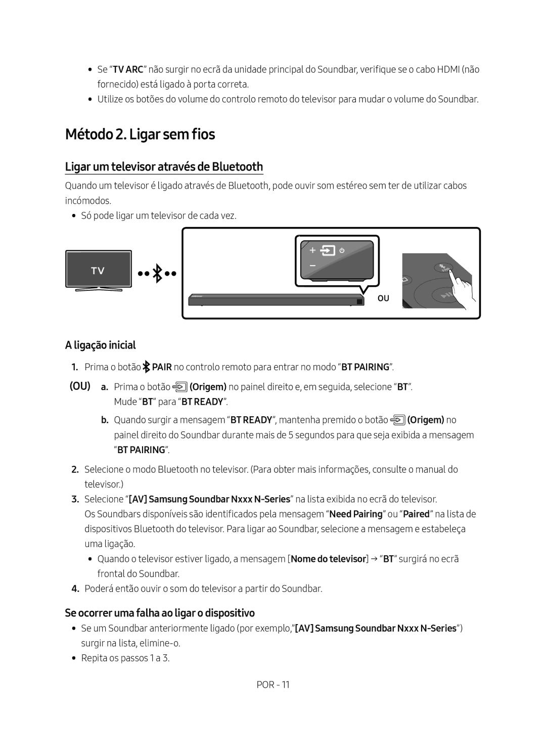 Samsung HW-N650/ZF manual Método 2. Ligar sem fios, Ligar um televisor através de Bluetooth, Ligação inicial 