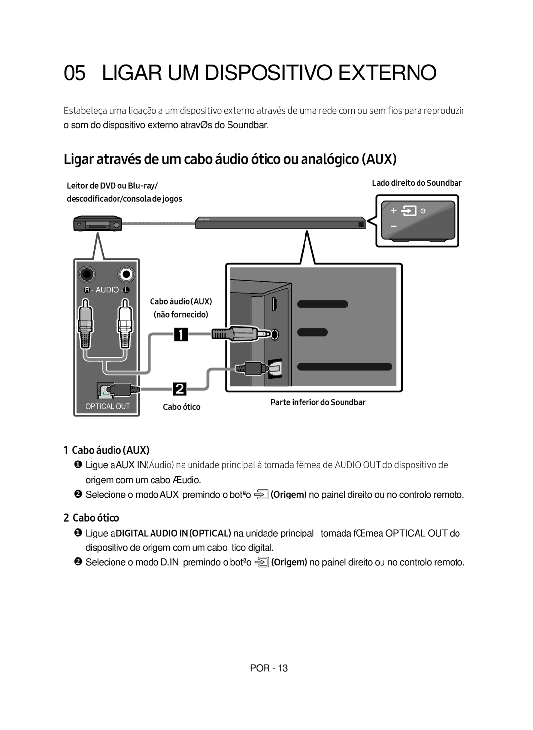 Samsung HW-N650/ZF Ligar UM Dispositivo Externo, Ligar através de um cabo áudio ótico ou analógico AUX, Cabo áudio AUX 