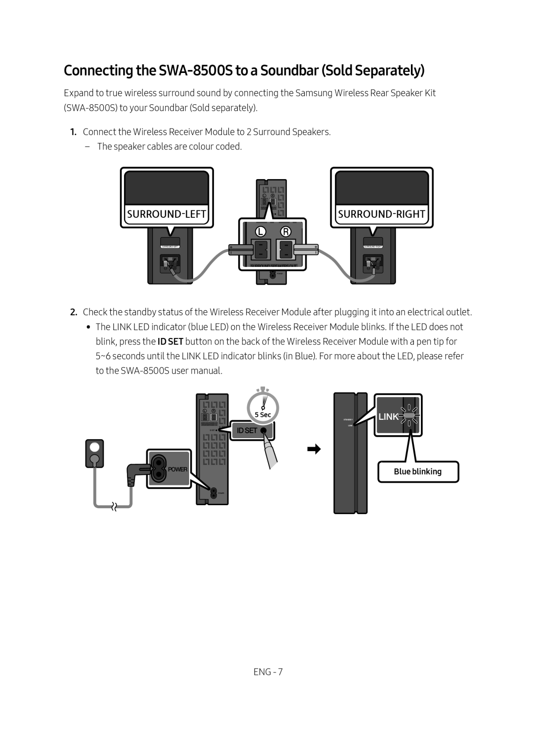 Samsung HW-N650/ZF manual Connecting the SWA-8500S to a Soundbar Sold Separately, Blue blinking 