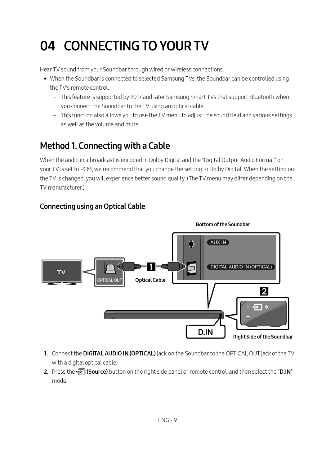 Samsung HW-N650/ZF manual Connecting to Your TV, Method 1. Connecting with a Cable, Connecting using an Optical Cable 