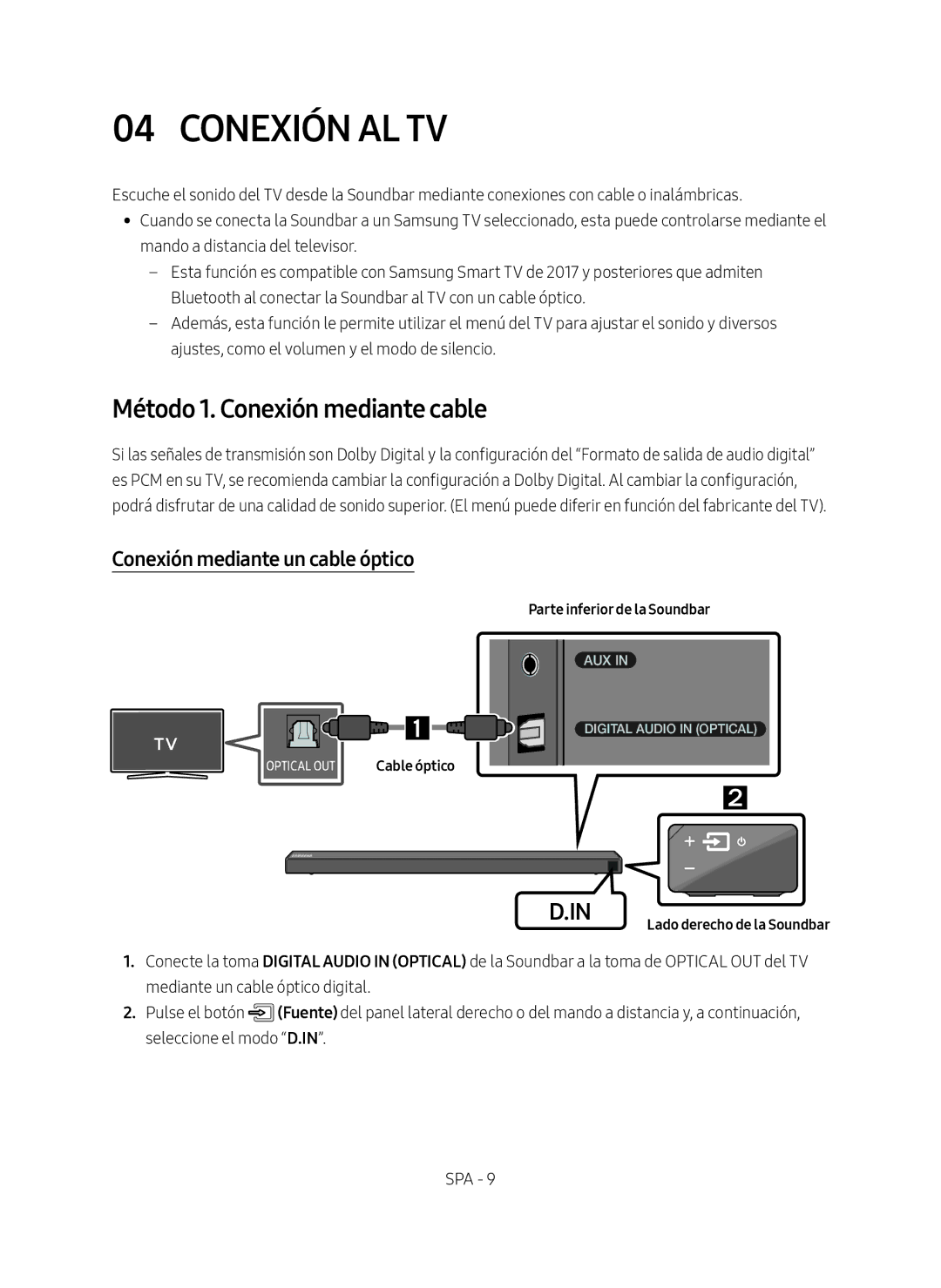 Samsung HW-N650/ZF manual Conexión AL TV, Método 1. Conexión mediante cable, Conexión mediante un cable óptico 