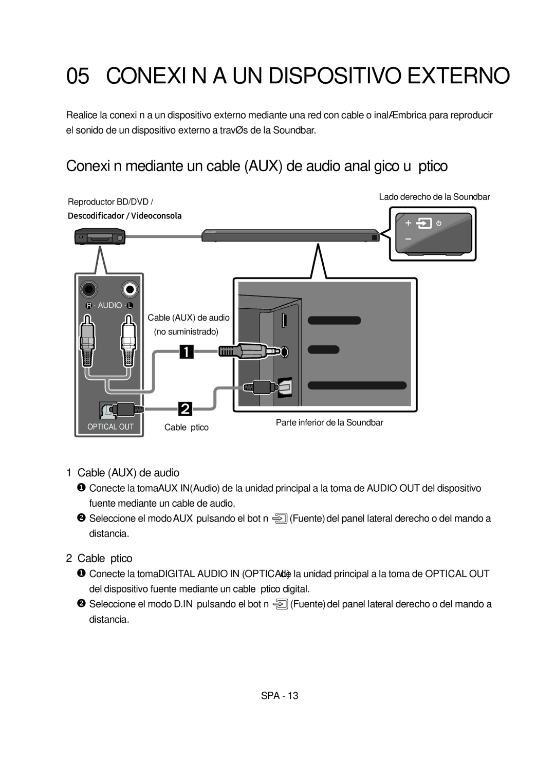 Samsung HW-N650/ZF manual Conexión mediante un cable AUX de audio analógico u óptico, Cable AUX de audio, Cable óptico 