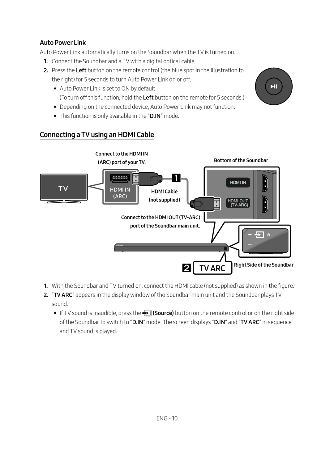 Samsung HW-N650/ZF manual Connecting a TV using an Hdmi Cable, Auto Power Link, Bottom of the Soundbar 