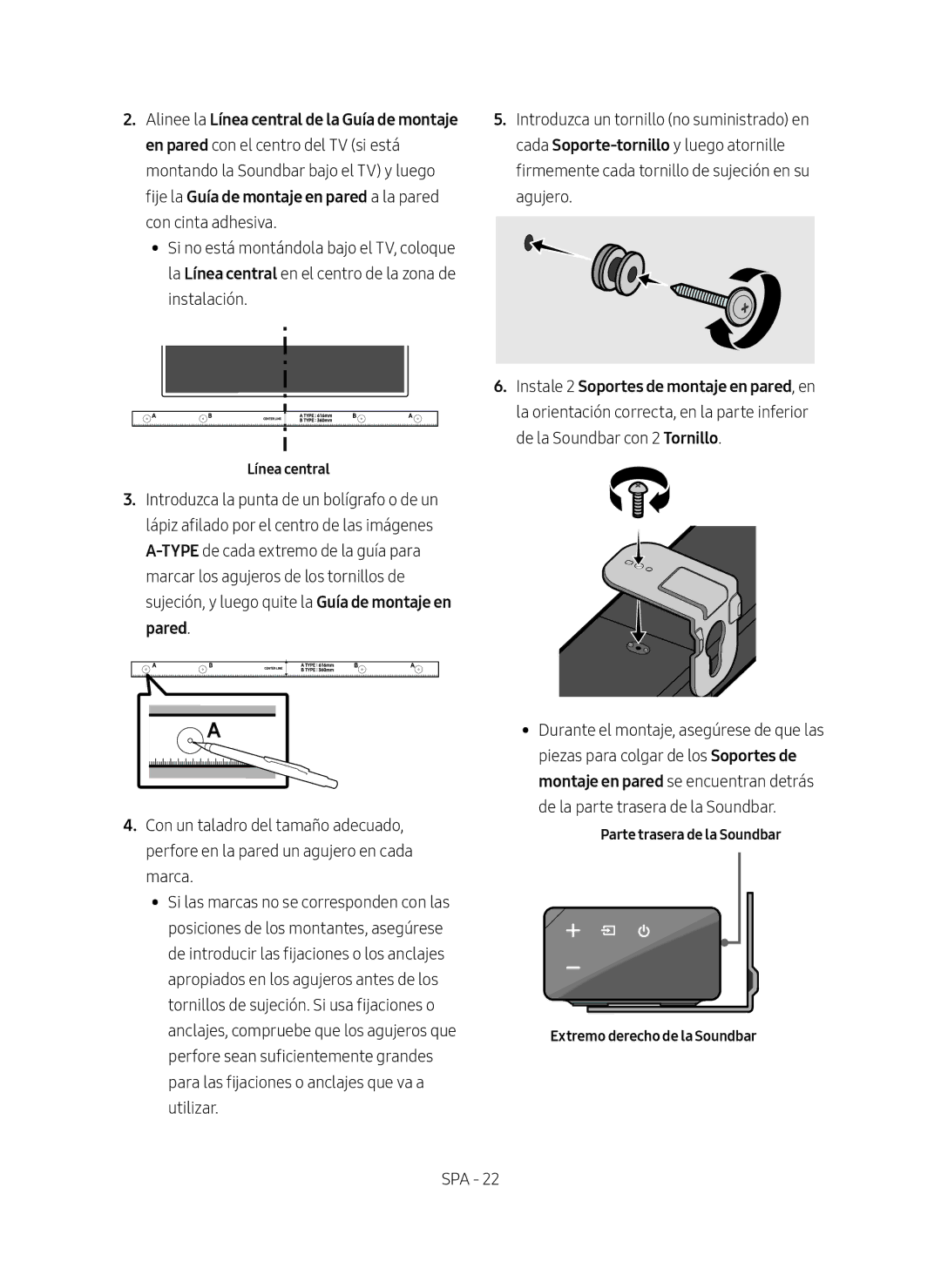 Samsung HW-N650/ZF manual Línea central, Parte trasera de la Soundbar Extremo derecho de la Soundbar 