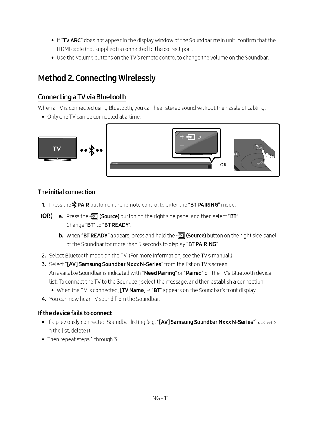 Samsung HW-N650/ZF manual Method 2. Connecting Wirelessly, Connecting a TV via Bluetooth, Initial connection 