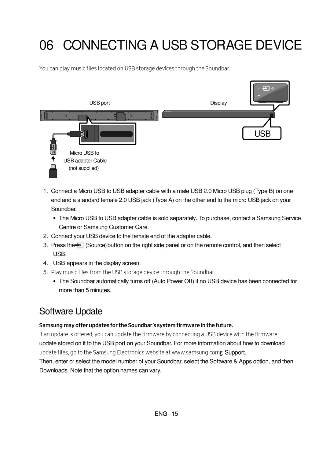 Samsung HW-N650/ZF Connecting a USB Storage Device, Software Update, USB port, Micro USB to USB adapter Cable Not supplied 