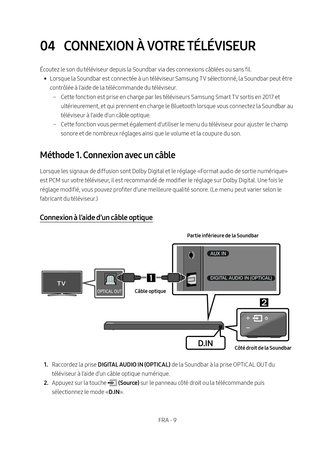 Samsung HW-N650/ZF Connexion À Votre Téléviseur, Méthode 1. Connexion avec un câble, Connexion à l’aide d’un câble optique 