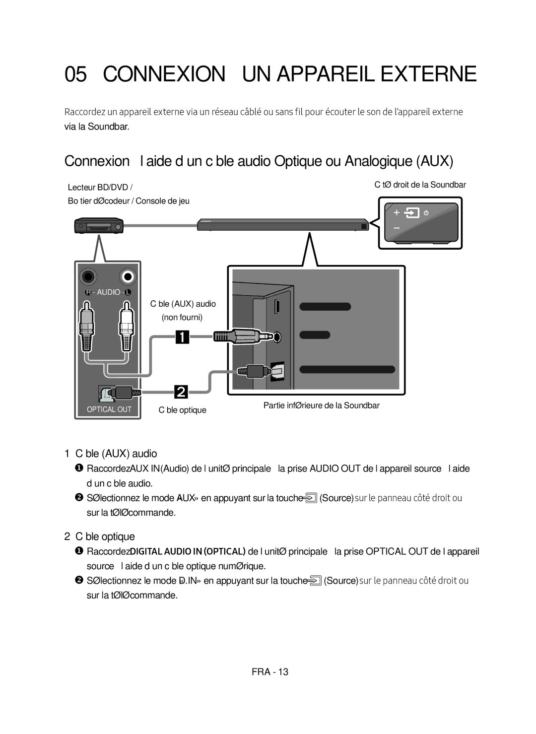 Samsung HW-N650/ZF manual Connexion À UN Appareil Externe, Câble AUX audio, Câble optique 