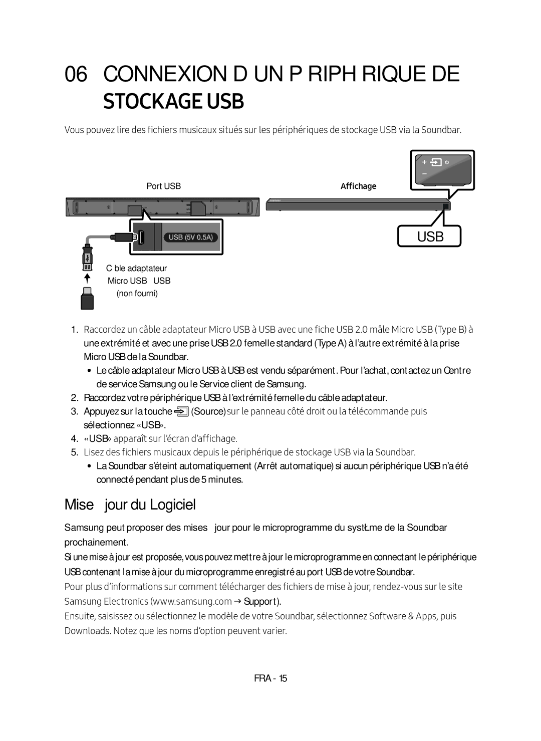 Samsung HW-N650/ZF manual Mise à jour du Logiciel, Port USB 