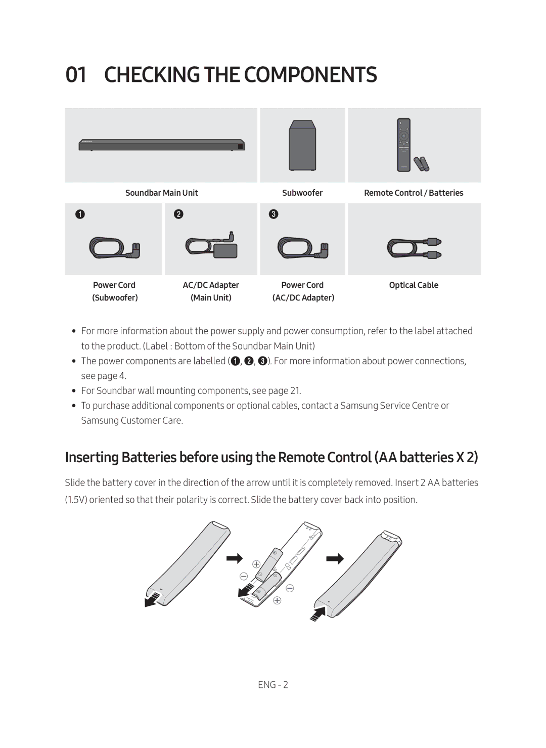 Samsung HW-N650/ZF manual Checking the Components, Soundbar Main Unit Power Cord, Subwoofer 