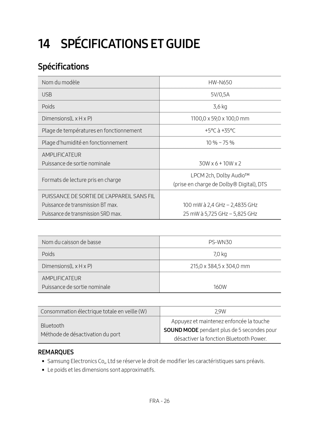 Samsung HW-N650/ZF manual 14 Spécifications ET Guide, 5V/0,5A, Désactiver la fonction Bluetooth Power 