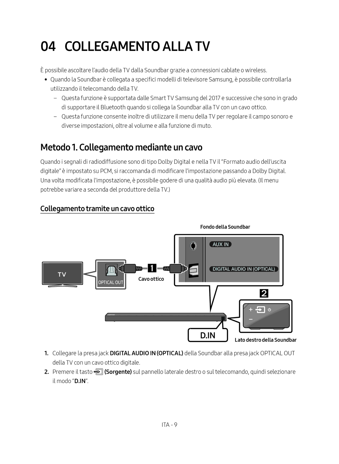 Samsung HW-N650/ZF Collegamento Alla TV, Metodo 1. Collegamento mediante un cavo, Collegamento tramite un cavo ottico 