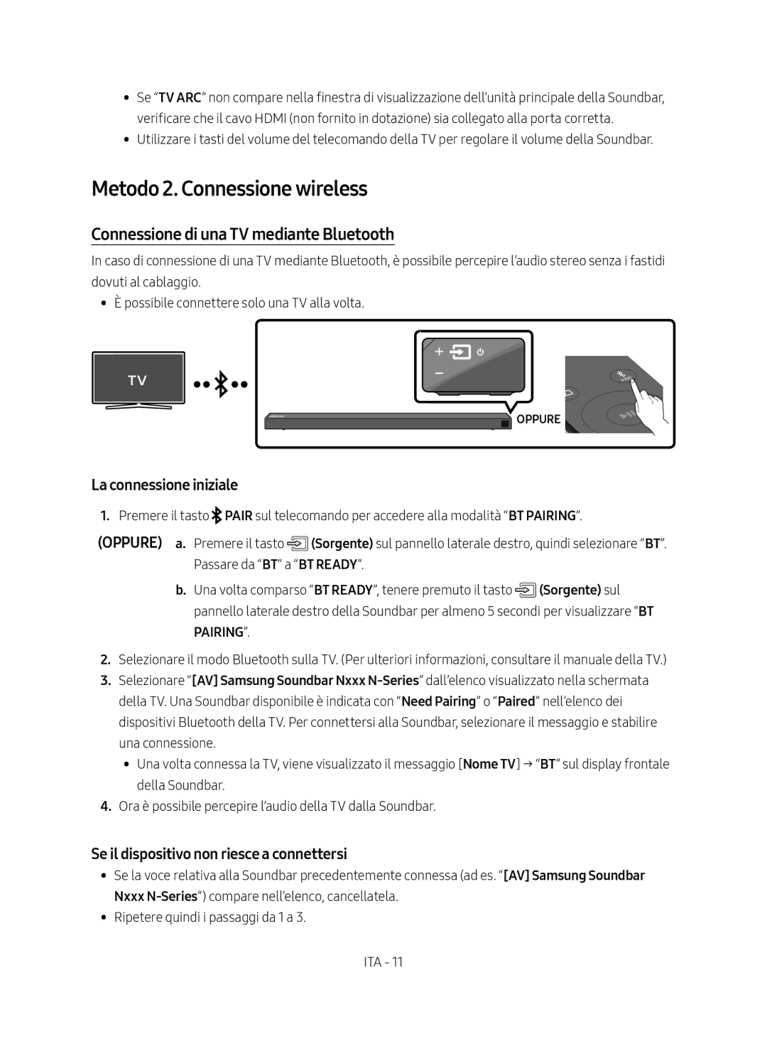 Samsung HW-N650/ZF manual Metodo 2. Connessione wireless, Connessione di una TV mediante Bluetooth, La connessione iniziale 