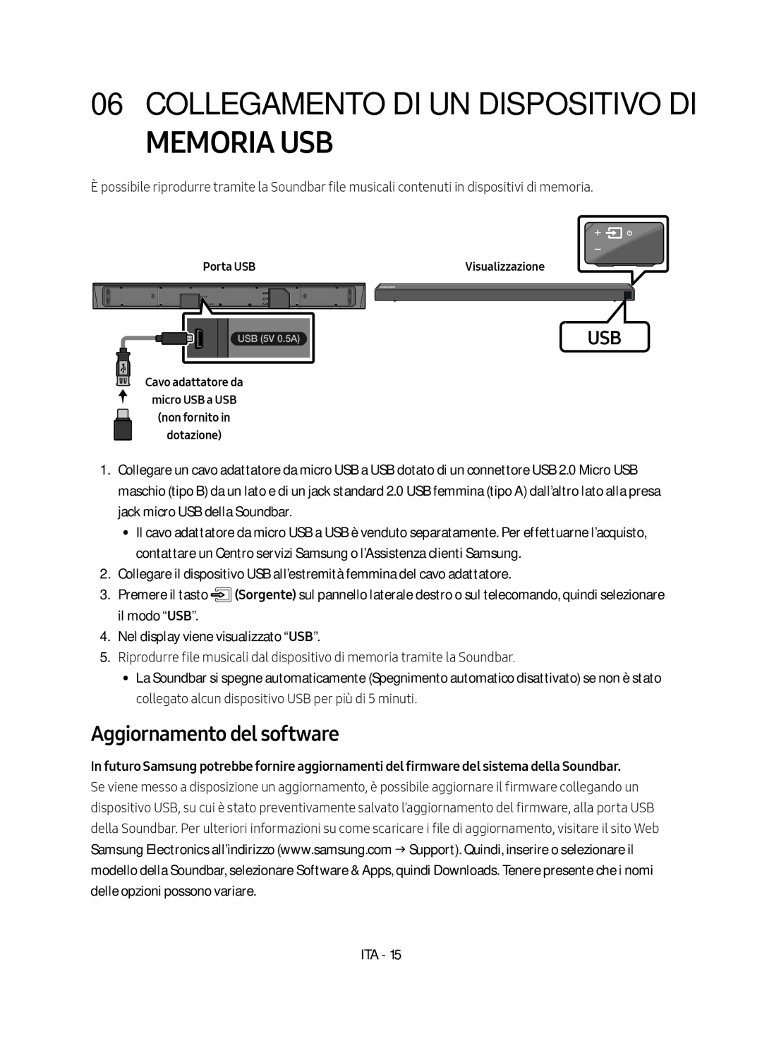 Samsung HW-N650/ZF manual Memoria USB, Aggiornamento del software, Porta USB 