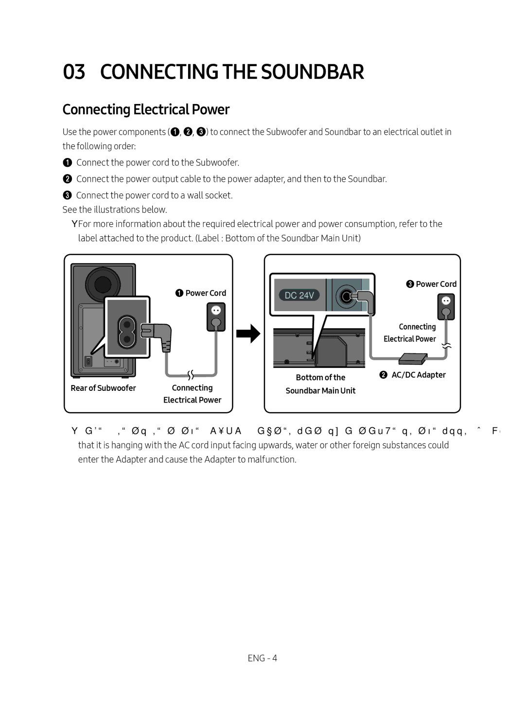 Samsung HW-N650/ZF manual Connecting the Soundbar, Connecting Electrical Power, Rear of Subwoofer 