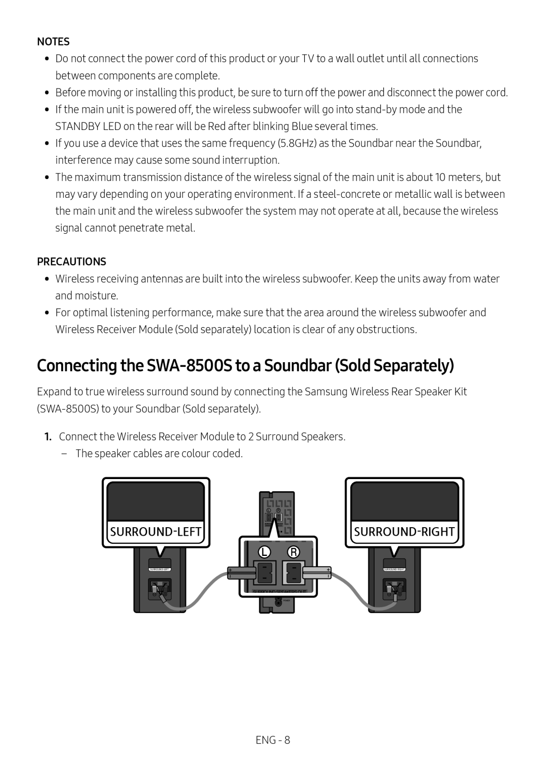 Samsung HW-N650/EN, HW-N650/ZG, HW-N650/ZF, HW-N650/XN Connecting the SWA-8500S to a Soundbar Sold Separately, Precautions 