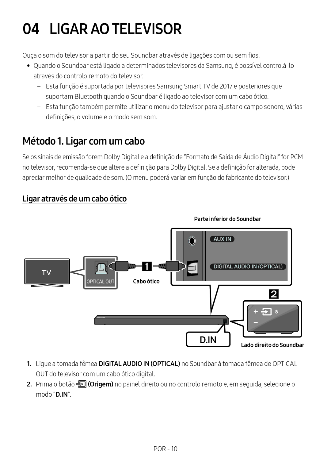 Samsung HW-N650/ZG, HW-N650/ZF, HW-N650/EN Ligar AO Televisor, Método 1. Ligar com um cabo, Ligar através de um cabo ótico 