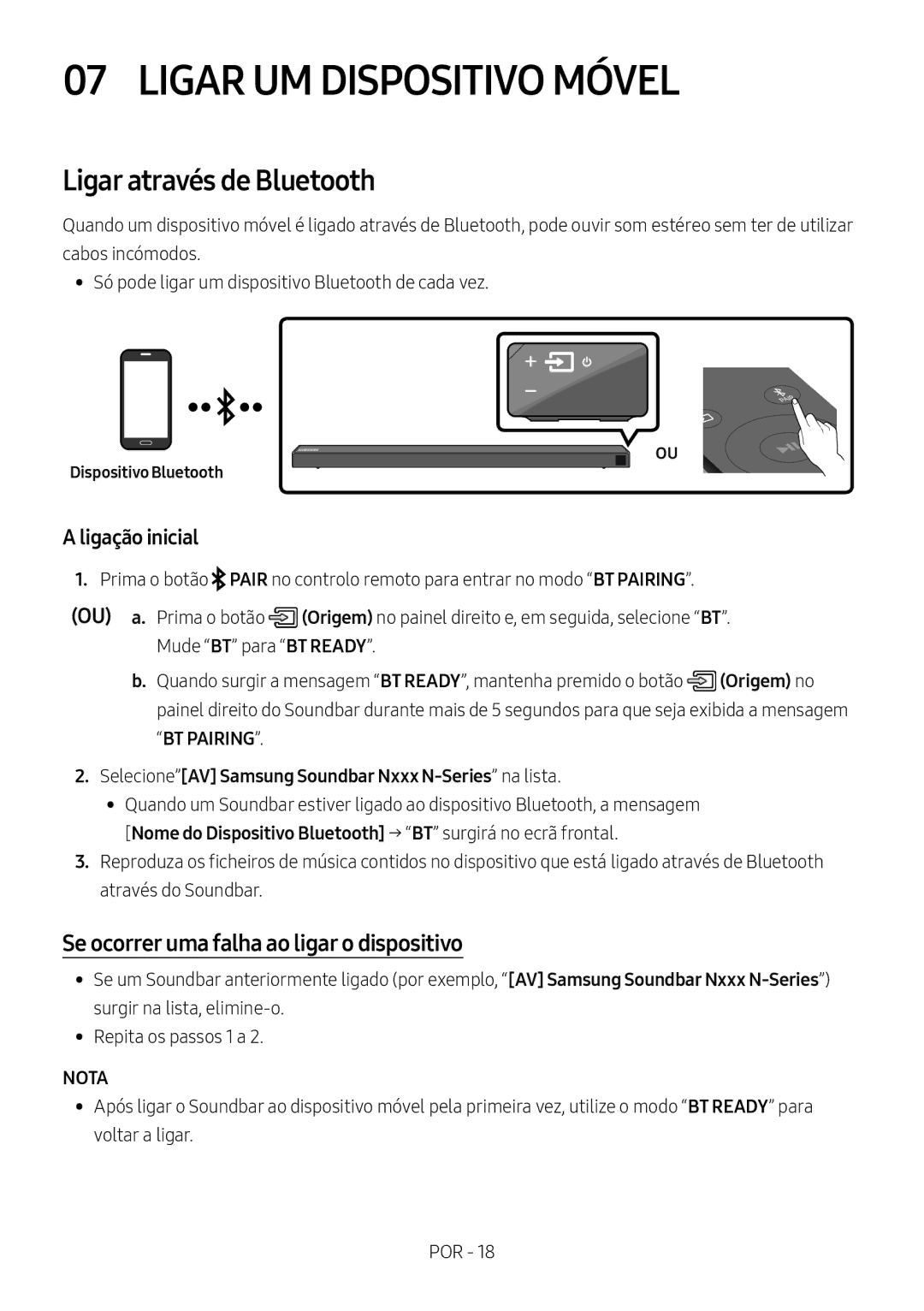 Samsung HW-N650/XN Ligar UM Dispositivo Móvel, Ligar através de Bluetooth, Se ocorrer uma falha ao ligar o dispositivo 