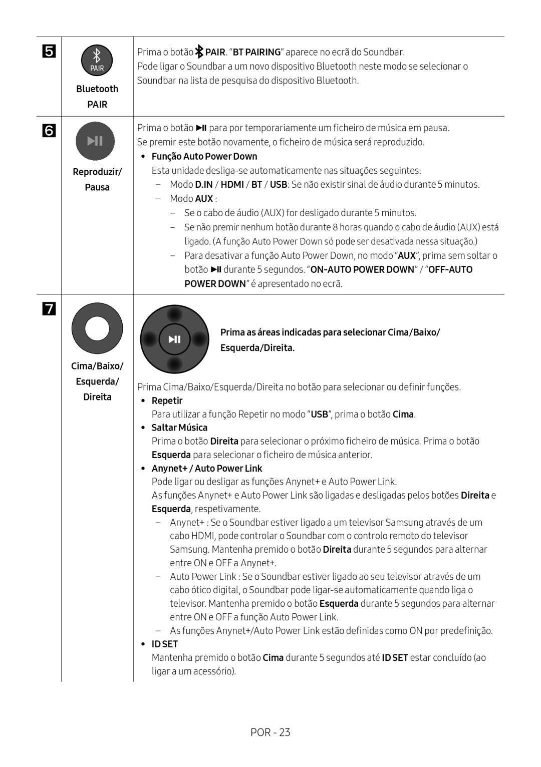 Samsung HW-N650/XN Função Auto Power Down, Prima as áreas indicadas para selecionar Cima/Baixo, Esquerda/Direita, Repetir 