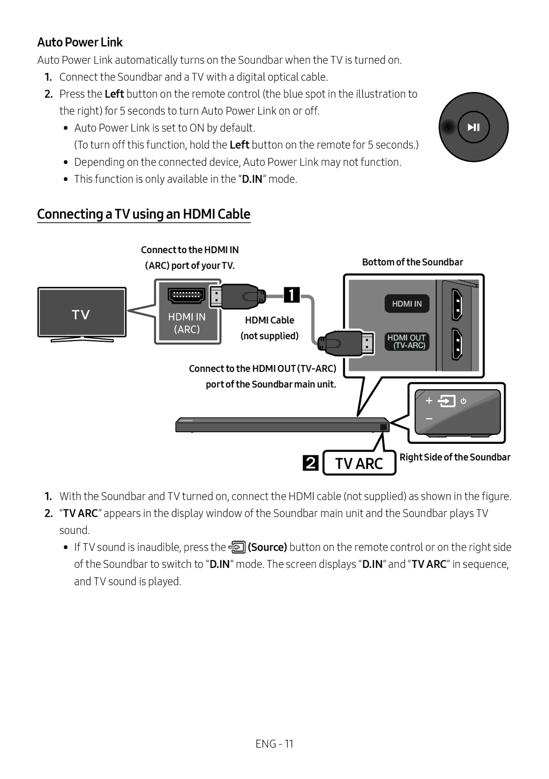 Samsung HW-N650/ZG, HW-N650/ZF, HW-N650/EN Connecting a TV using an Hdmi Cable, Auto Power Link, Bottom of the Soundbar 