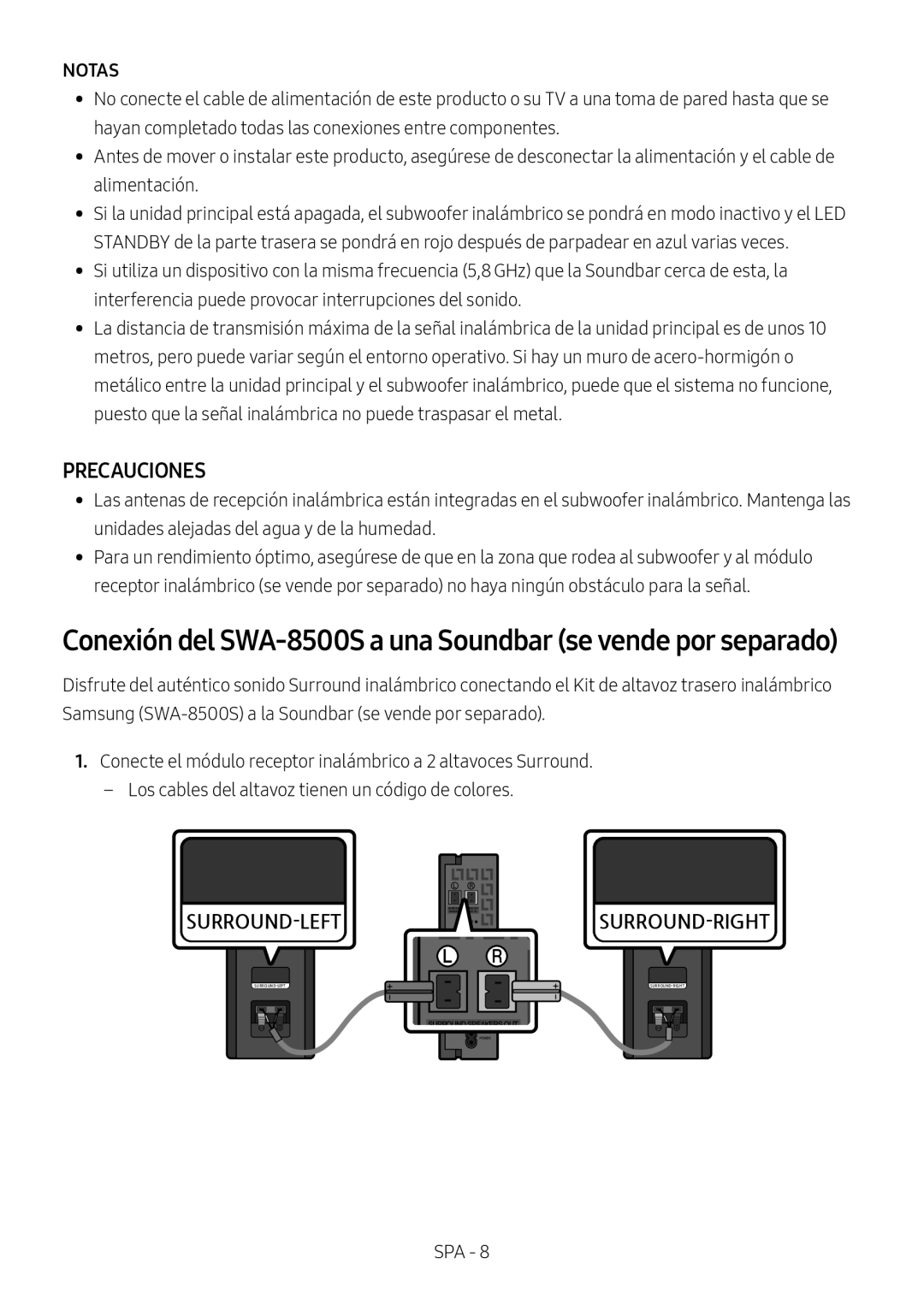 Samsung HW-N650/ZG, HW-N650/ZF, HW-N650/EN, HW-N650/XN manual Conexión del SWA-8500S a una Soundbar se vende por separado 