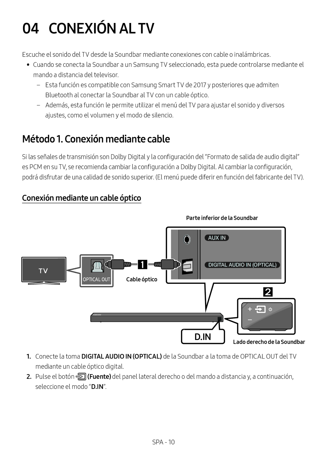 Samsung HW-N650/EN, HW-N650/ZG manual Conexión AL TV, Método 1. Conexión mediante cable, Conexión mediante un cable óptico 