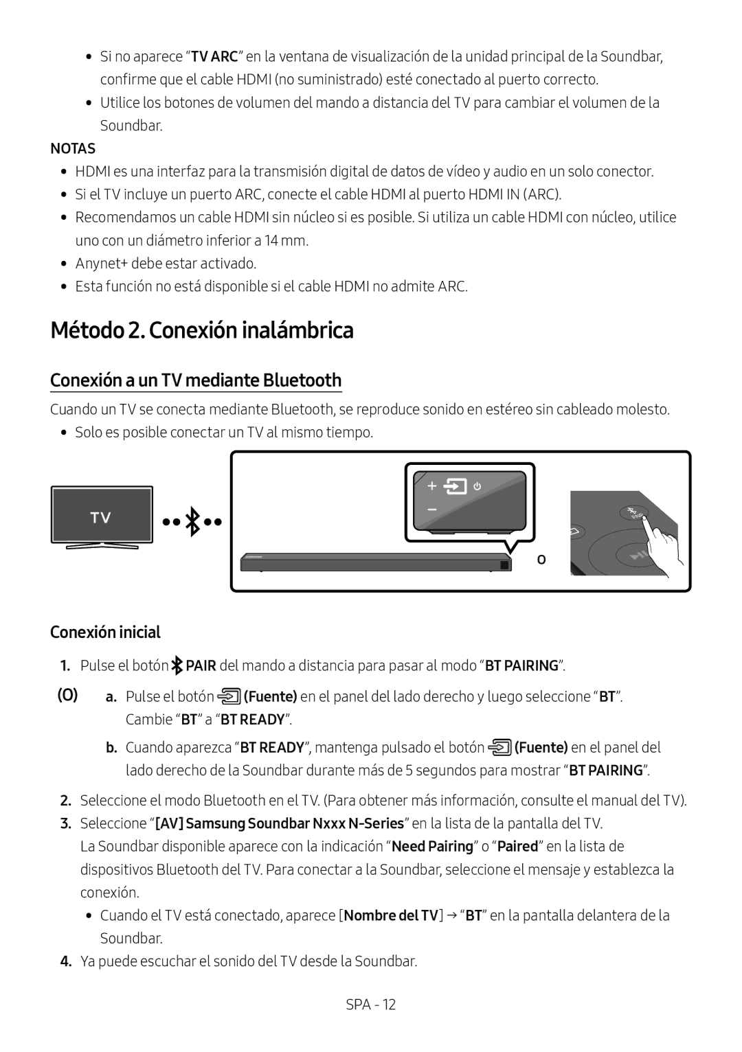 Samsung HW-N660/XE, HW-N650/ZG manual Método 2. Conexión inalámbrica, Conexión a un TV mediante Bluetooth, Conexión inicial 