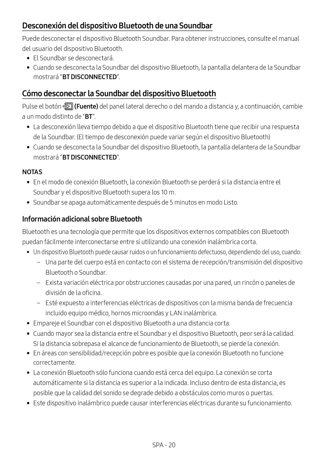 Samsung HW-N650/EN manual Desconexión del dispositivo Bluetooth de una Soundbar, Información adicional sobre Bluetooth 