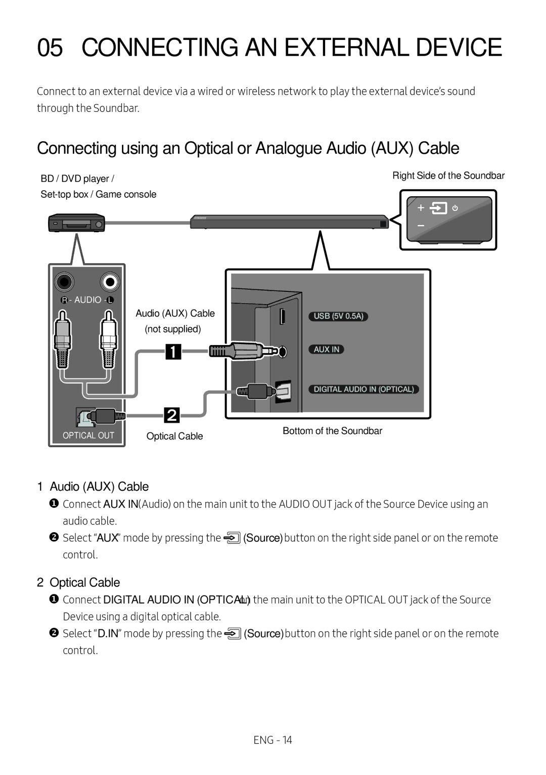 Samsung HW-N650/XN Connecting AN External Device, Connecting using an Optical or Analogue Audio AUX Cable, Optical Cable 