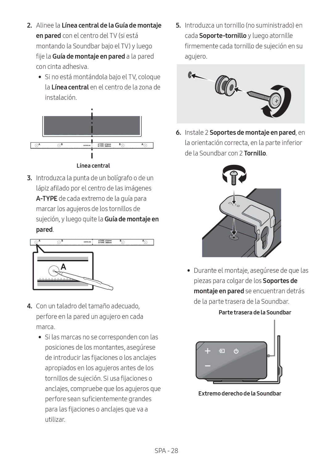 Samsung HW-N650/ZG, HW-N650/ZF, HW-N650/EN manual Línea central, Parte trasera de la Soundbar Extremo derecho de la Soundbar 