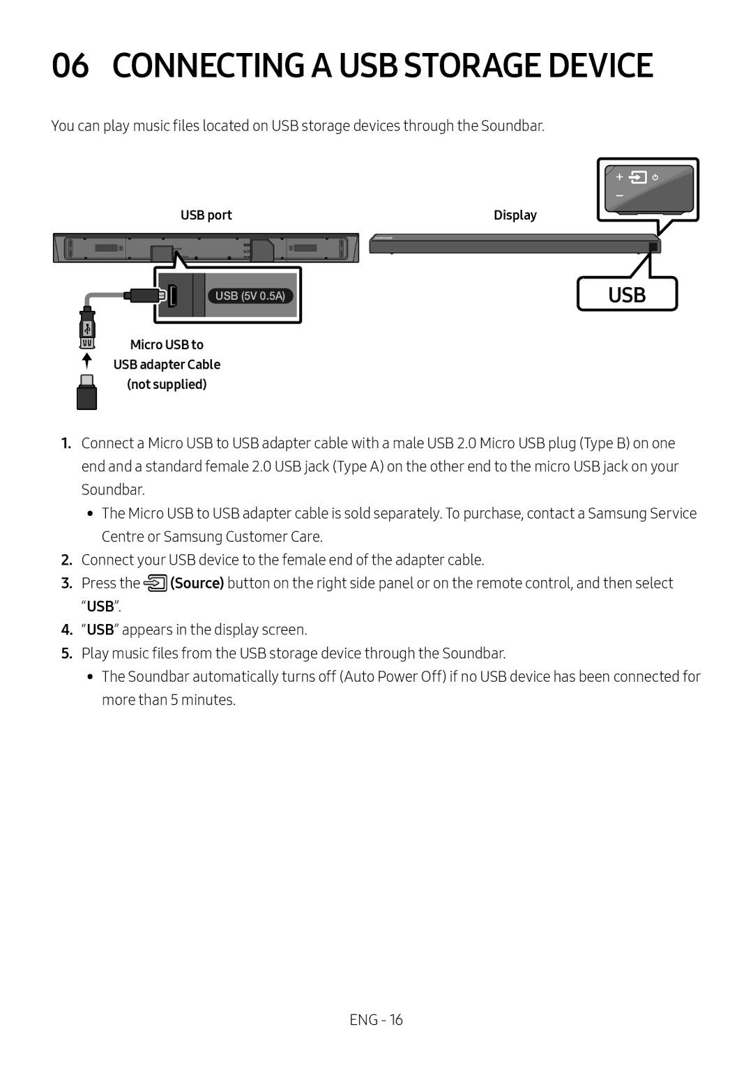 Samsung HW-N650/ZG, HW-N650/ZF manual Connecting a USB Storage Device, USB port, Micro USB to USB adapter Cable Not supplied 