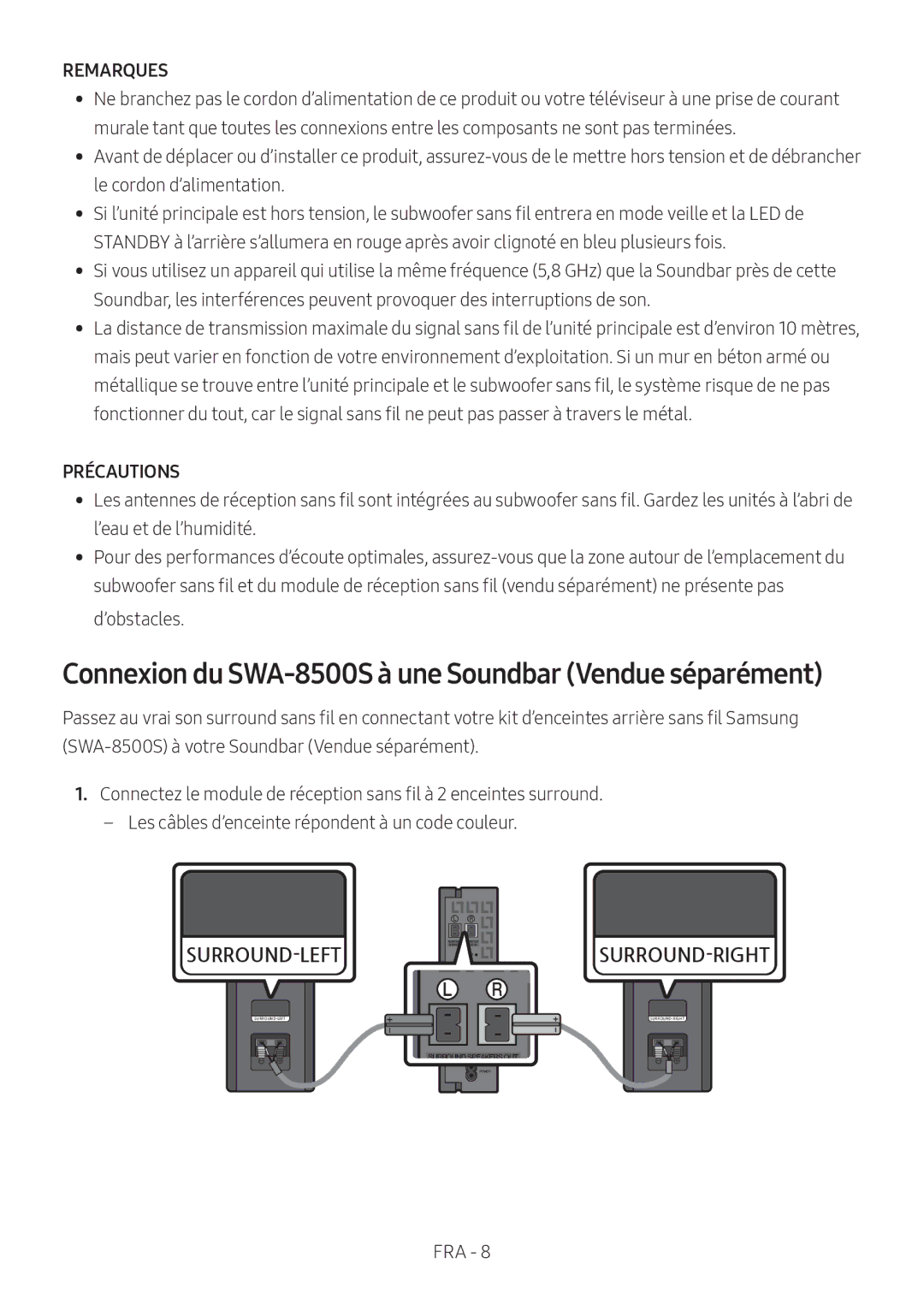 Samsung HW-N660/XE, HW-N650/ZG, HW-N650/ZF Connexion du SWA-8500S à une Soundbar Vendue séparément, Remarques, Précautions 