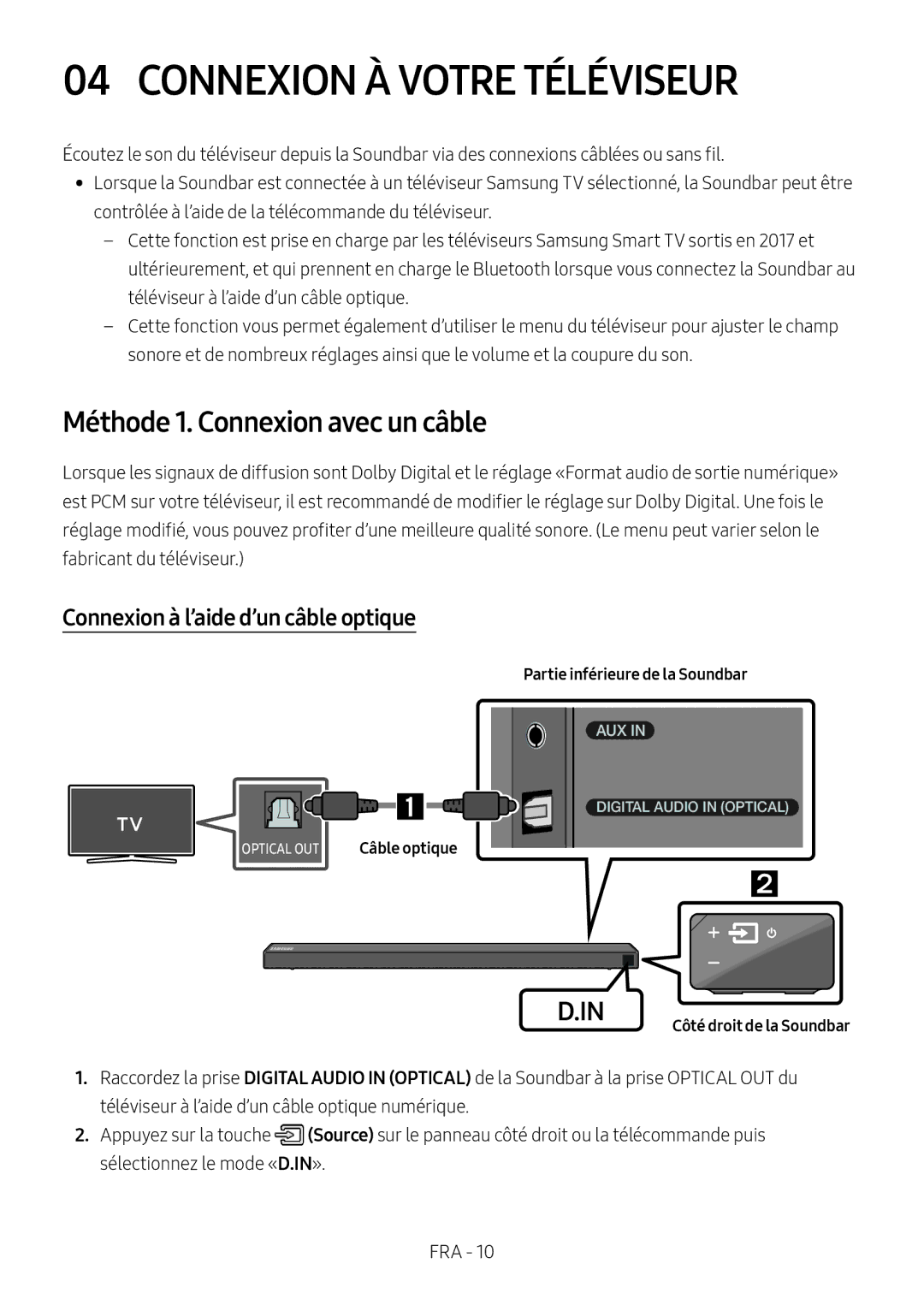 Samsung HW-N650/ZF Connexion À Votre Téléviseur, Méthode 1. Connexion avec un câble, Connexion à l’aide d’un câble optique 