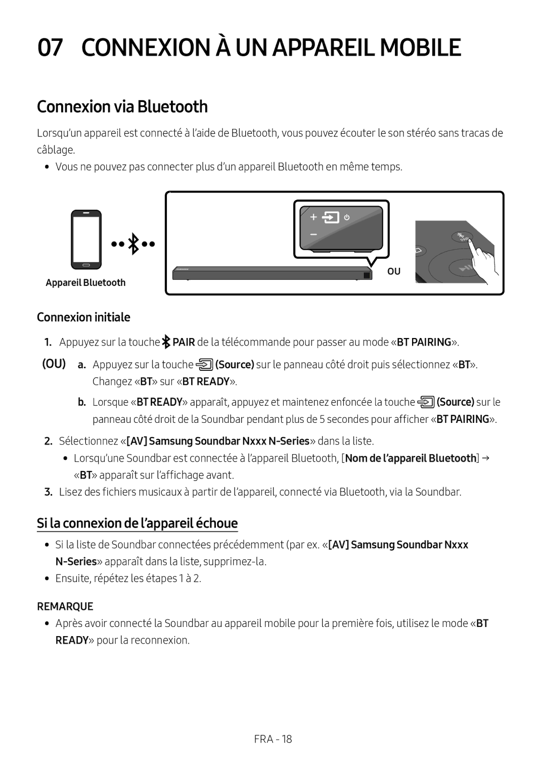 Samsung HW-N660/XE manual Connexion À UN Appareil Mobile, Connexion via Bluetooth, Si la connexion de l’appareil échoue 