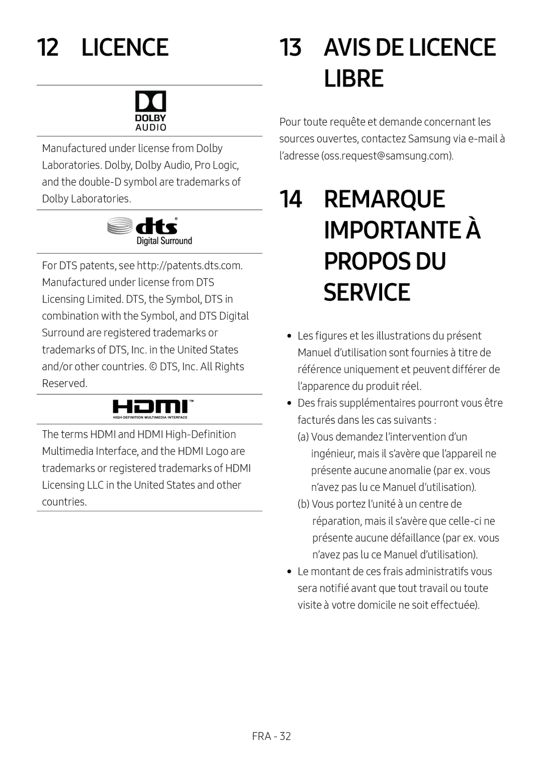 Samsung HW-N650/XN, HW-N650/ZG, HW-N650/ZF, HW-N650/EN manual Remarque Importante À Propos DU Service, Avis DE Licence Libre 