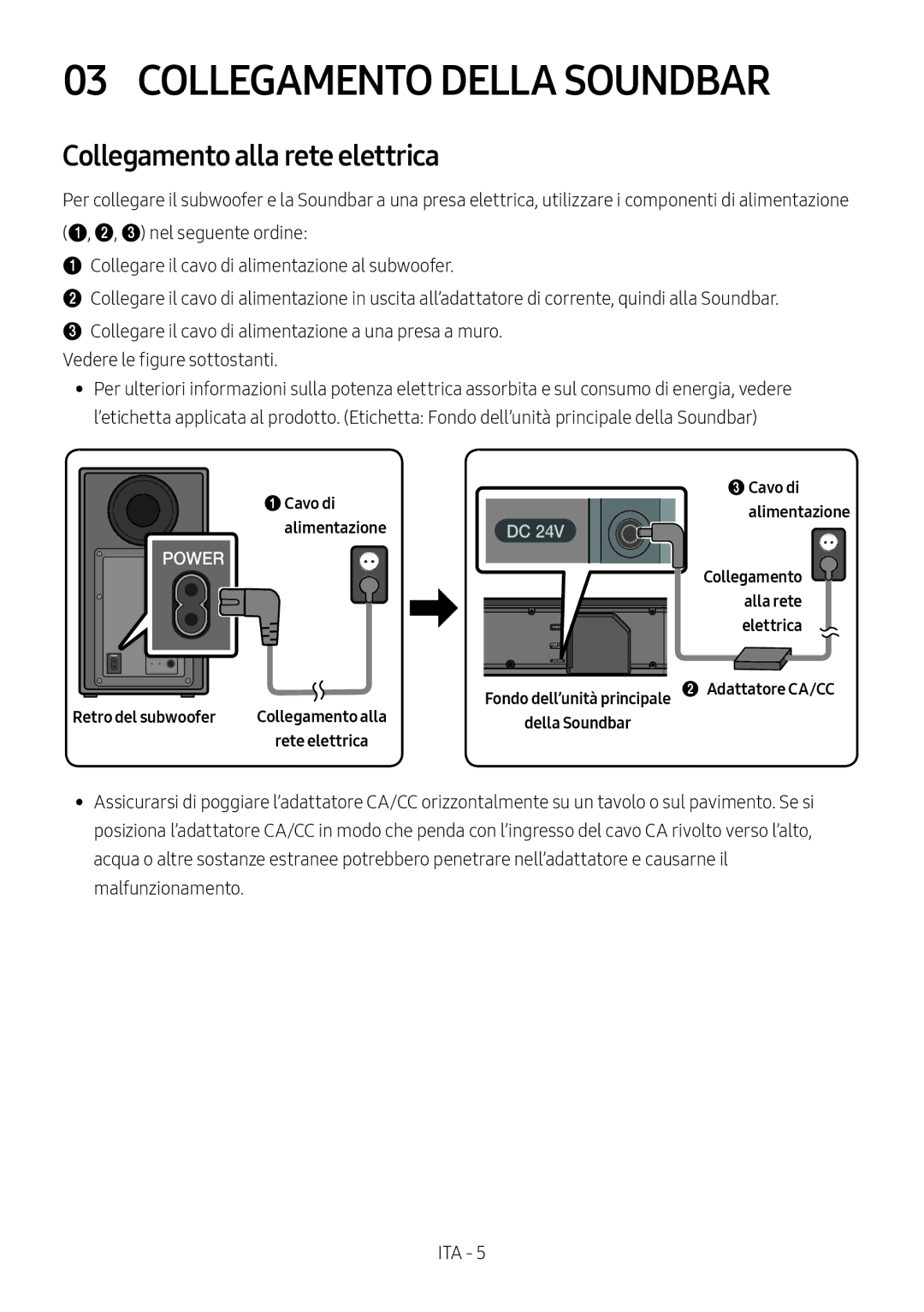 Samsung HW-N650/XN, HW-N650/ZG manual Collegamento Della Soundbar, Collegamento alla rete elettrica, Retro del subwoofer 