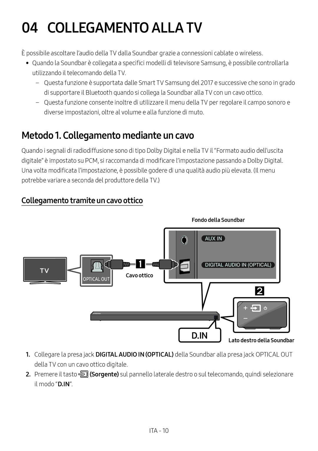 Samsung HW-N650/XN Collegamento Alla TV, Metodo 1. Collegamento mediante un cavo, Collegamento tramite un cavo ottico 