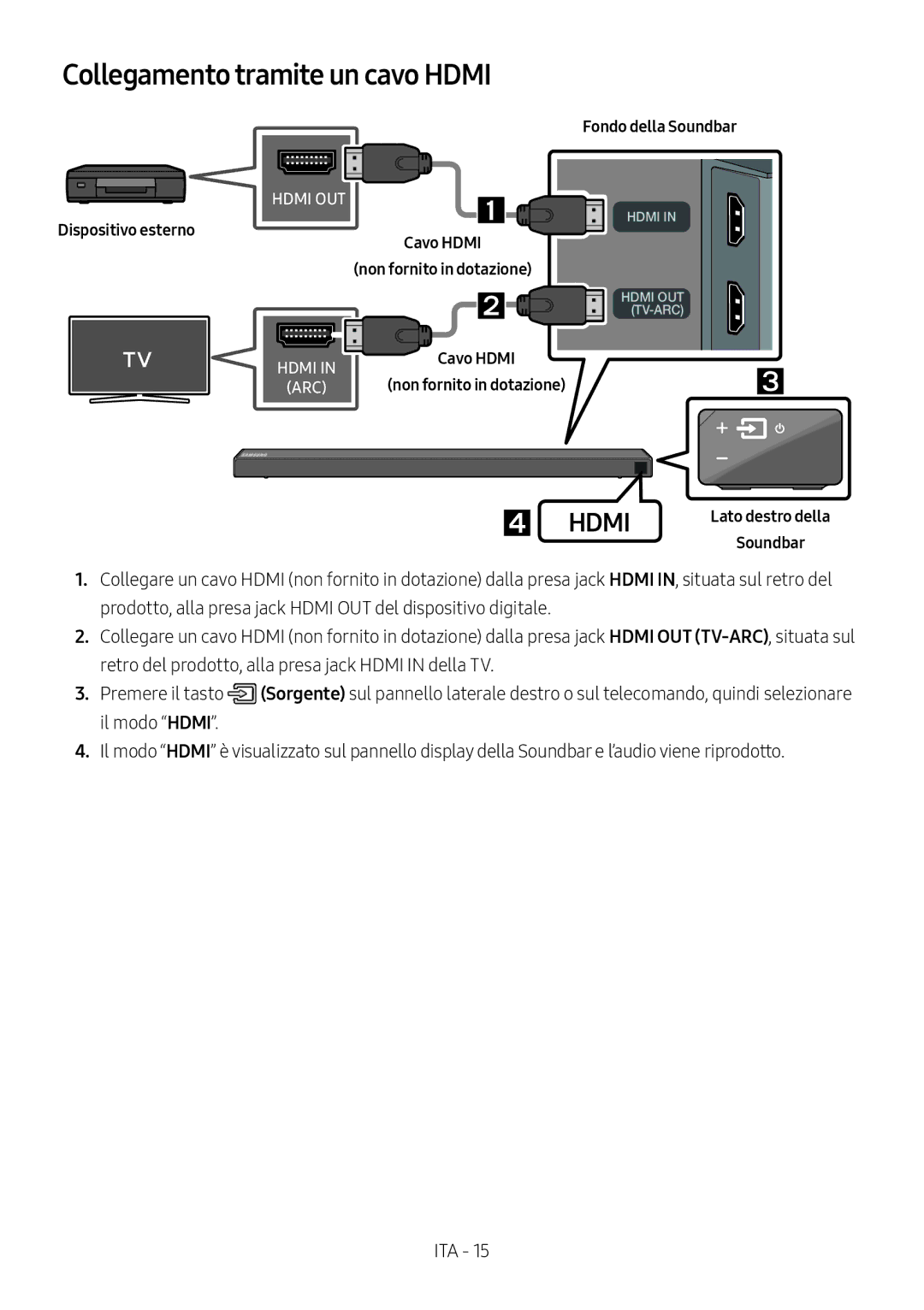 Samsung HW-N650/XN, HW-N650/ZG, HW-N650/ZF, HW-N650/EN manual Dispositivo esterno, Cavo Hdmi Non fornito in dotazione 