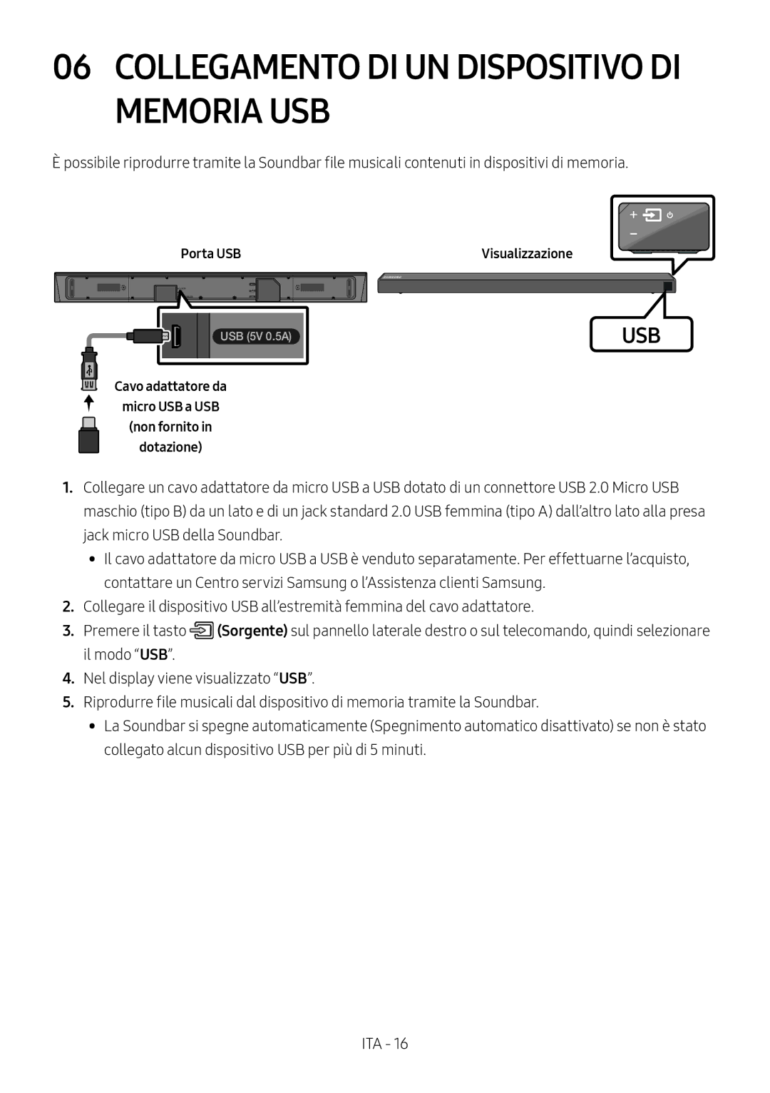 Samsung HW-N660/XE, HW-N650/ZG, HW-N650/ZF Memoria USB, Porta USB, Cavo adattatore da Micro USB a USB Non fornito Dotazione 