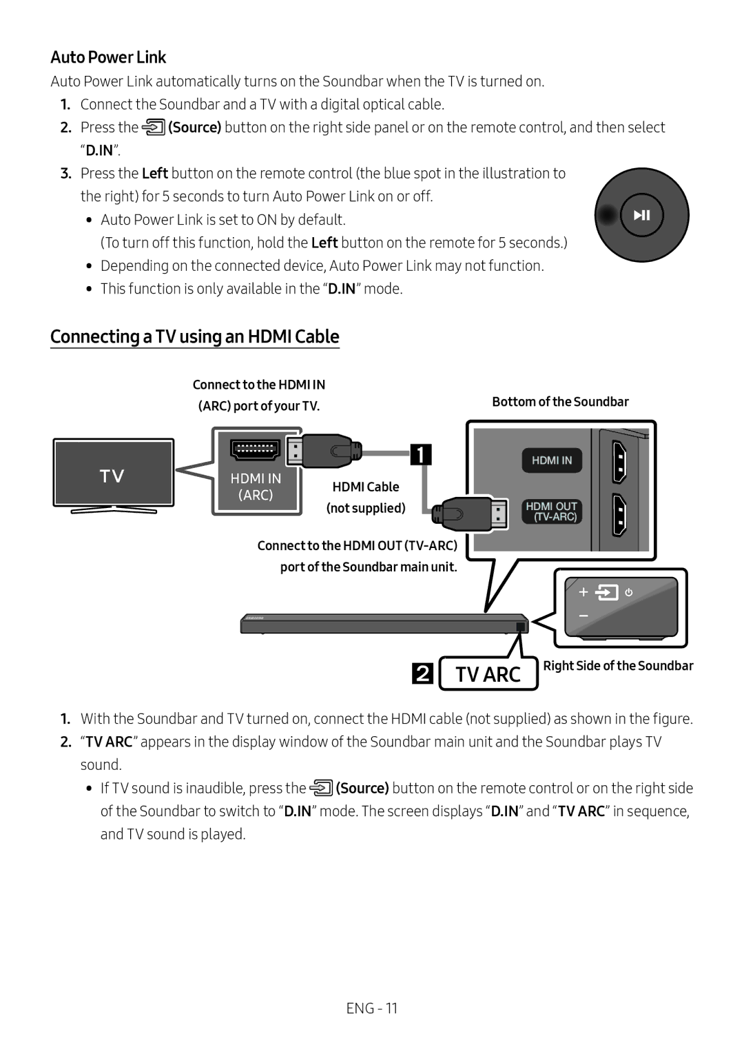 Samsung HW-N650/ZG, HW-N650/ZF, HW-N650/EN Connecting a TV using an Hdmi Cable, Auto Power Link, Bottom of the Soundbar 