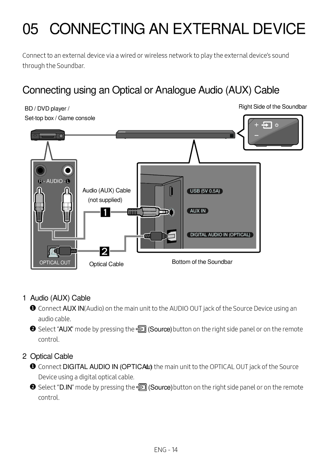 Samsung HW-N650/XN Connecting AN External Device, Connecting using an Optical or Analogue Audio AUX Cable, Optical Cable 