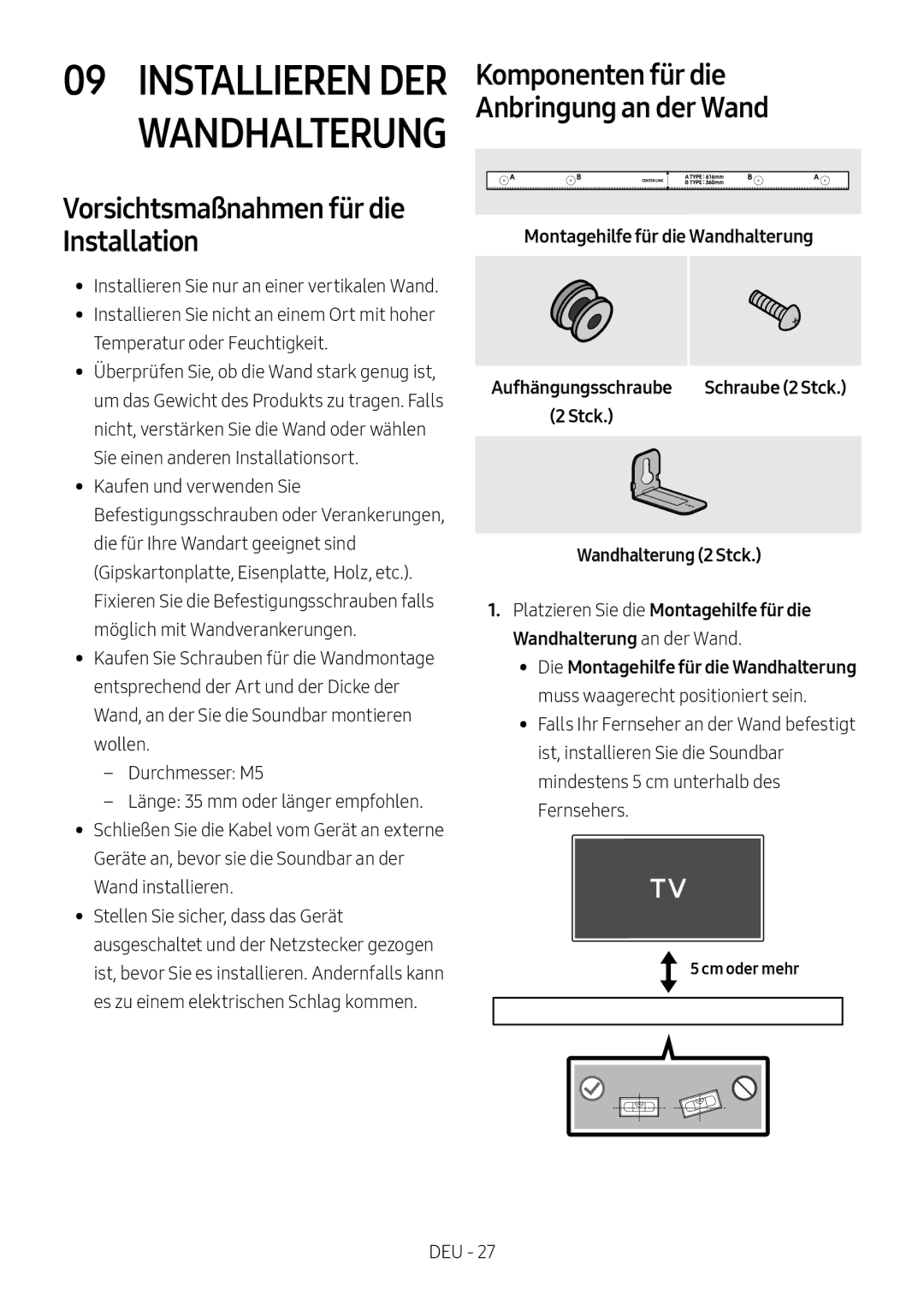 Samsung HW-N650/XN, HW-N650/ZG, HW-N650/ZF manual Vorsichtsmaßnahmen für die Installation, Aufhängungsschraube, Cm oder mehr 