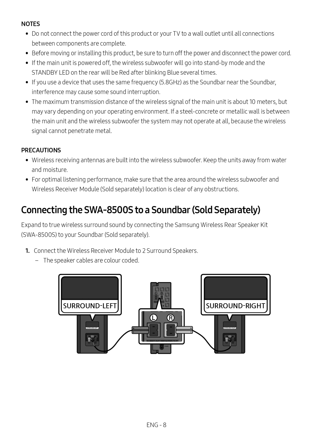 Samsung HW-N650/EN, HW-N650/ZG, HW-N650/ZF, HW-N650/XN Connecting the SWA-8500S to a Soundbar Sold Separately, Precautions 