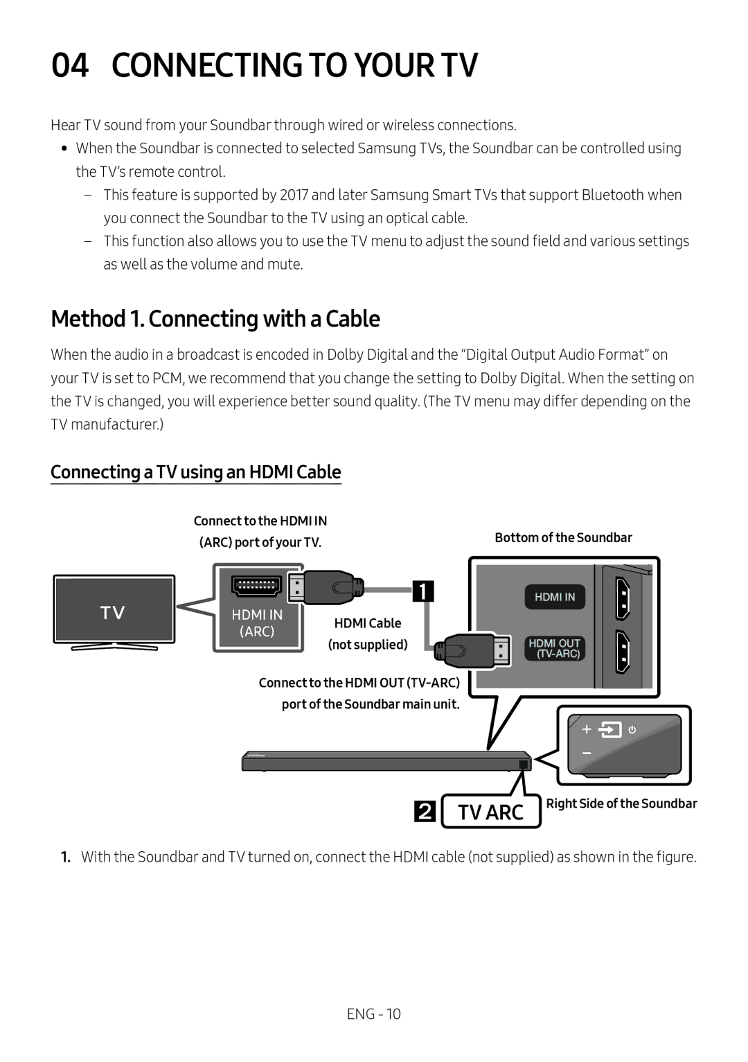 Samsung HW-N660/XE manual Connecting to Your TV, Method 1. Connecting with a Cable, Connecting a TV using an Hdmi Cable 