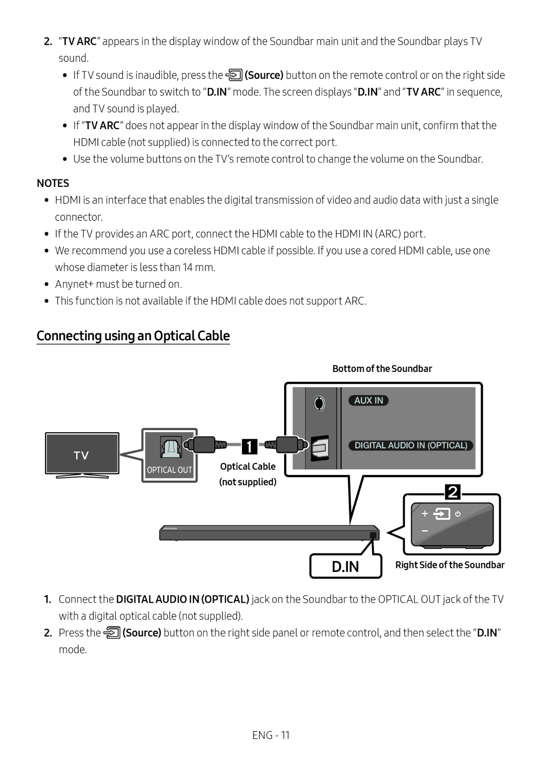 Samsung HW-N650/ZG, HW-N650/ZF, HW-N650/EN, HW-N650/XN manual Connecting using an Optical Cable, Optical Cable Not supplied 