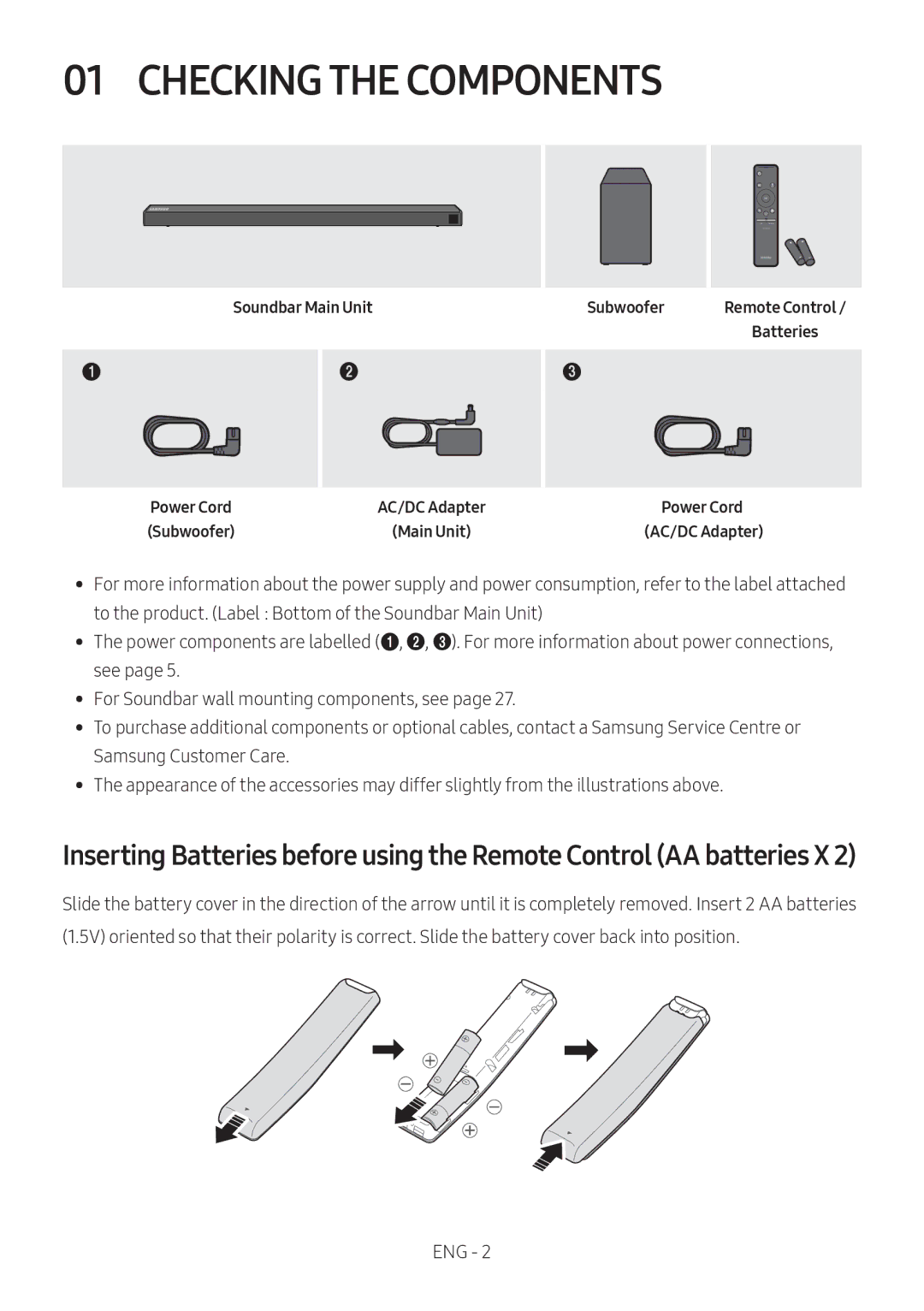 Samsung HW-N650/ZF, HW-N650/ZG, HW-N650/EN Checking the Components, Soundbar Main Unit, Subwoofer, Power Cord AC/DC Adapter 